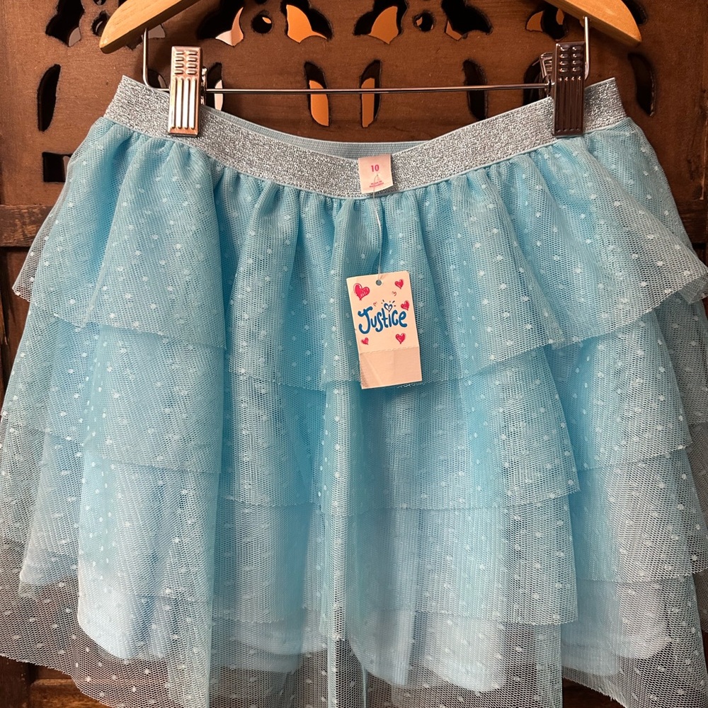 JUSTICE. Girls Tulle Skirt. Powder Blue. Dobby dot detail. Size 10.